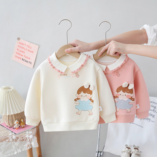 童装冬装女童撞色翻领卫衣加绒加厚儿童女宝宝上衣婴儿卡通套头衫