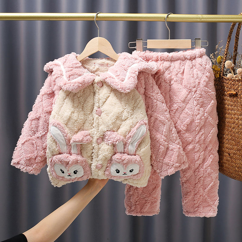 秋冬季女童加厚保暖宝宝女孩家居服套装儿童法兰绒夹棉睡衣