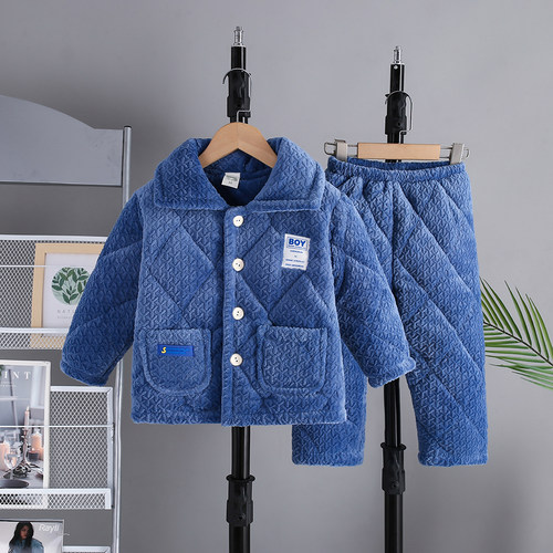 法兰绒加绒小男孩儿童三层夹棉睡衣 柔软牛奶绒加厚男大童家居服