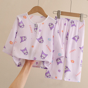 春夏薄款绵绸家居服儿童睡衣长袖套装女孩绵绸中大童空调家居服