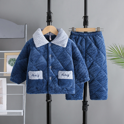 冬季儿童睡衣男大童三层夹棉睡衣套装 牛奶绒加厚男童夹棉家居服