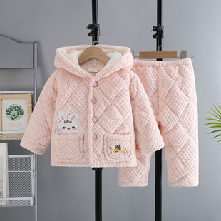 冬季女童加绒加厚家居服牛奶绒三层夹棉儿童睡衣套装女孩粉色睡衣