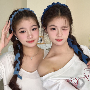 梦幻少女牛仔蓝波浪带齿高颅顶发箍女2025新款洗脸头箍防滑发饰