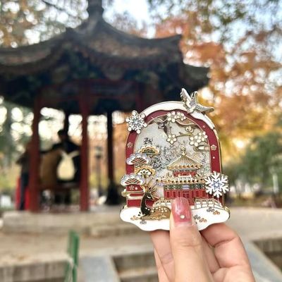 北京文创故宫的雪流沙金属冰箱贴瑞兔听雪旋转小雪花纪念礼品礼物