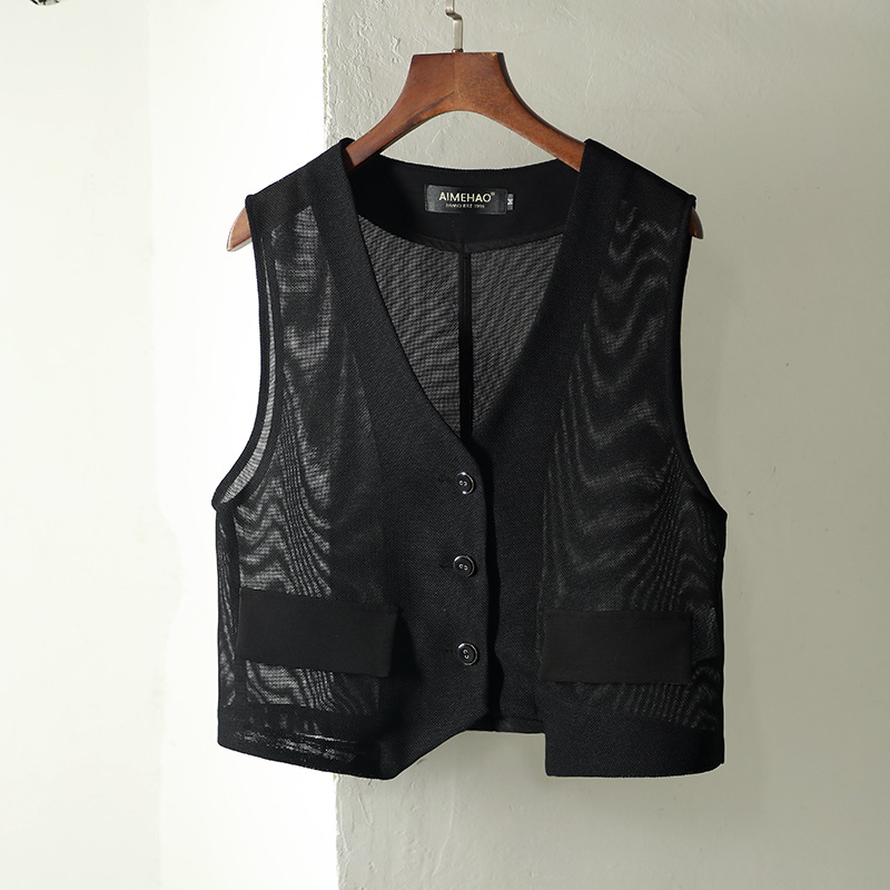 要显瘦遮肉的快来~网纱薄款马甲2024新款夏装女外套叠穿黑色大码