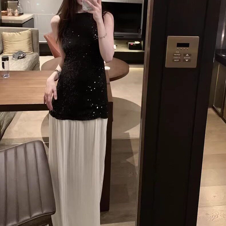 美神降临 针织拼接雪纺连衣裙夏季性感辣妹收腰露背亮片长裙