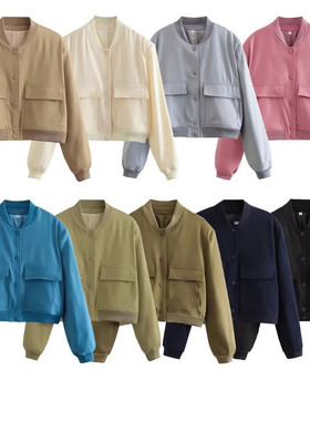 11色亚马逊跨境2024春秋新款欧美立领大口袋女式夹克外套女A19621