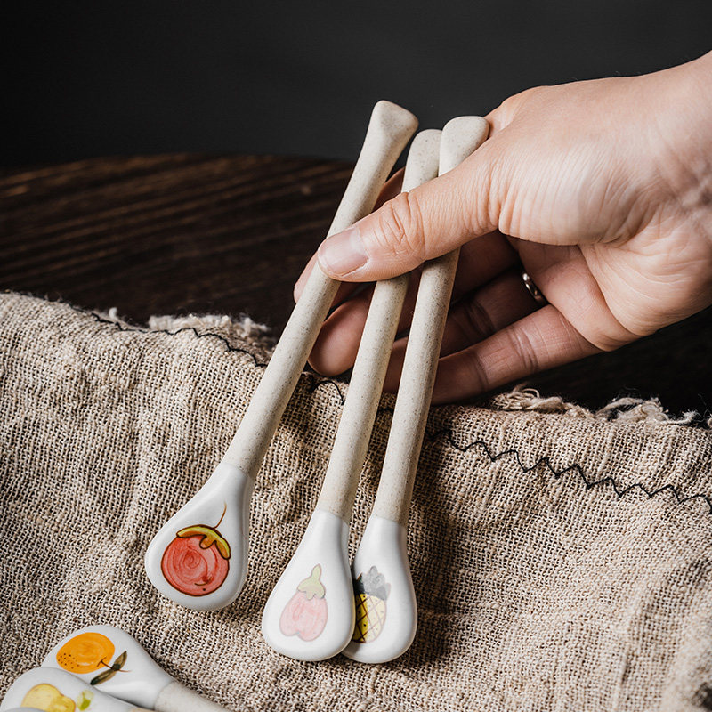 器昔原创手工陶瓷咖啡勺子长柄勺家用搅拌棒粗陶彩绘长柄精致汤匙,餐饮具,咖啡勺,淘宝优惠券,粉丝福利购,淘宝优惠卷
