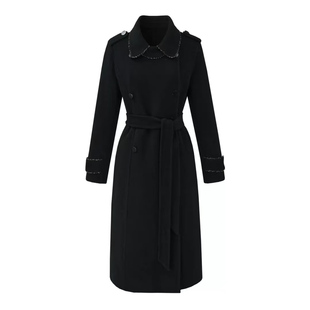 【芊芊粉丝专享】双排扣设计师风衣版珠子包边双面尼大衣64330