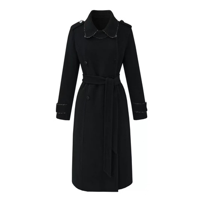 【芊芊粉丝专享】双排扣设计师风衣版珠子包边双面尼大衣64330