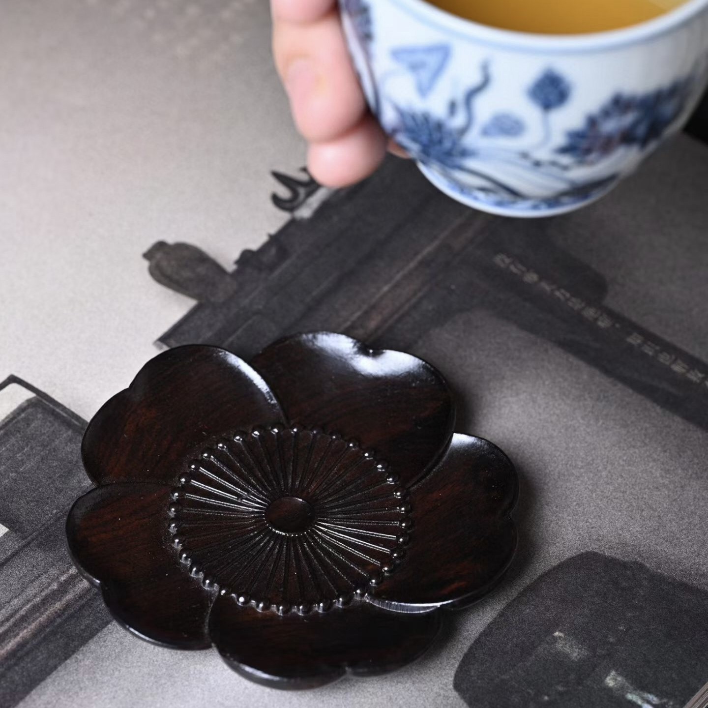 紫光檀梅花杯垫套装6个装实木功夫茶具配件茶席隔热防烫茶杯托
