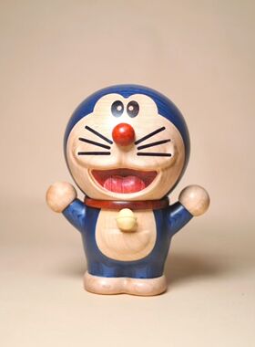 白枫木蓝色稳定木哆啦A梦木雕摆件卡通桌面车载手把件礼物