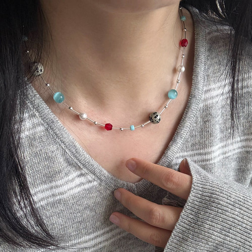 海盐撞色蓝猫眼珍珠锁骨链