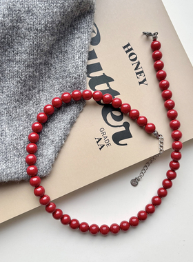 原创小众设计高级感简约气质红色施家珍珠串珠项链锁骨链颈链配饰