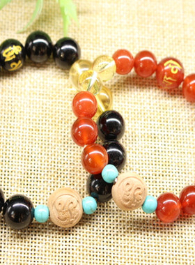 红玛瑙手链黄水晶手串桃木生肖