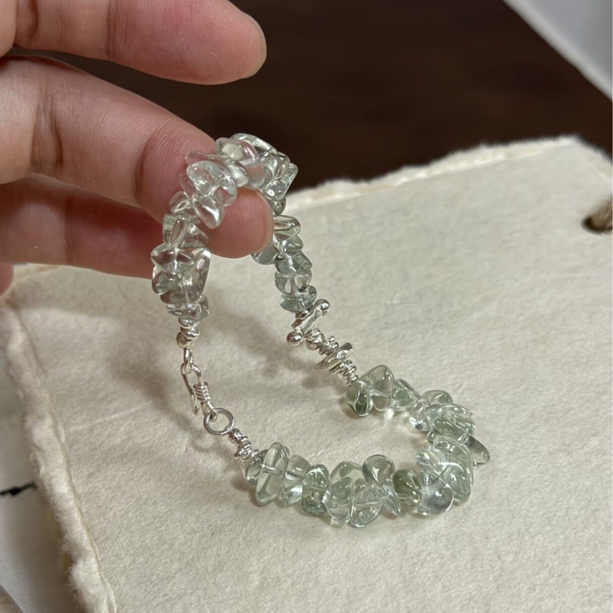 天然透体绿水晶纯银手链