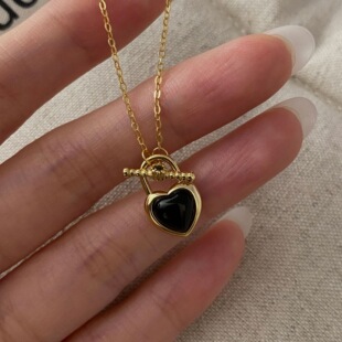 “爱心珐琅”经典爱心纯银好质感黑玛瑙韩女氛围锁骨链叠戴女项链