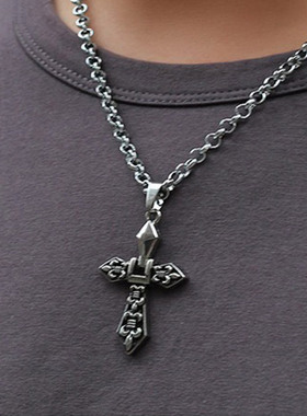 钛钢十字架银色朋克圈圈链男钛钢