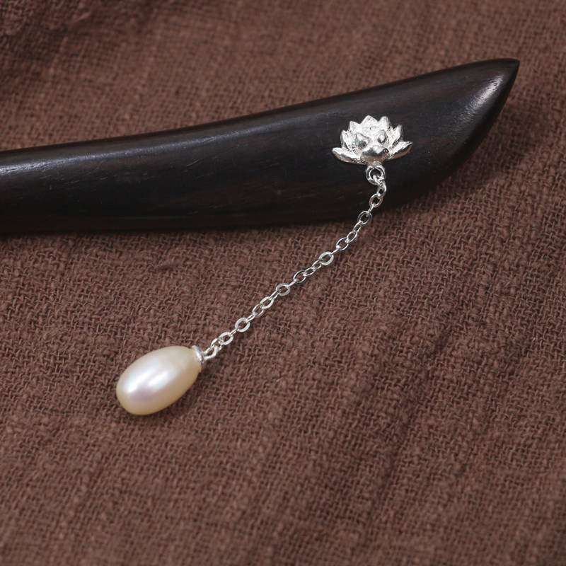 925纯银莲花真淡水珍珠步摇流苏古装黑檀木发簪 古代簪子发饰盘发