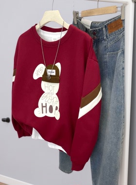 秋冬季时尚独特兔子甜美潮流百搭洋气宽松红色卫衣休闲外套