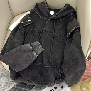 原宿风水洗做旧宽松加绒美式复古高街刺绣大码卫衣男女款连帽外套