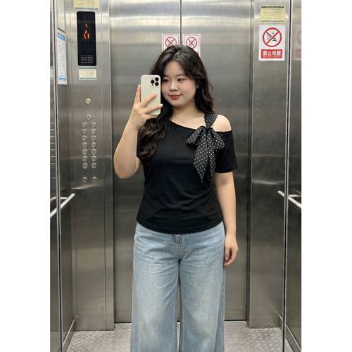 法式大码胖mm系带蝴蝶结露肩设计短袖T恤女夏季时尚修身显瘦上衣
