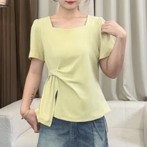 新款法式大码显瘦百搭短袖T恤女夏季不规则小众方领气质时髦上衣