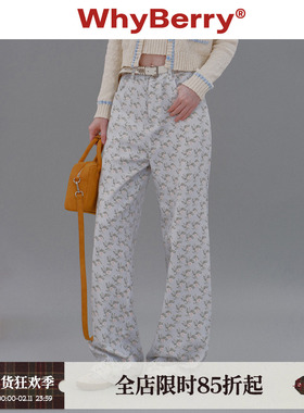 WhyBerry 24AW“奶油玫瑰”水蓝色玫瑰碎花长裤宽松中腰休闲裤秋