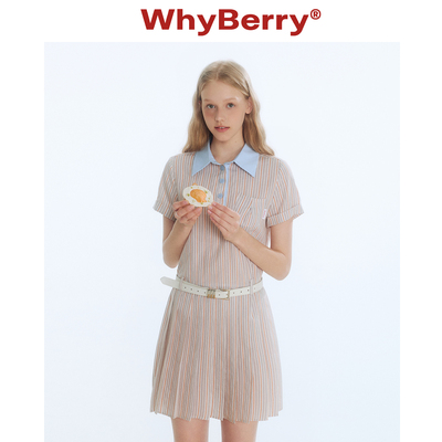 WhyBerry 25SS“心动轨迹”学院风Polo领衬衫裙压褶条纹连衣裙