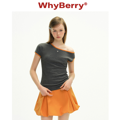 WhyBerry 26SS“草莓自我”斜肩条纹短袖t恤女露肩修身设计感上衣