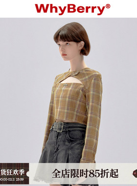 WhyBerry 23AW“泛黄旧约”镂空格纹衬衫撞色设计收腰长袖短上衣