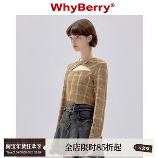 WhyBerry 23AW“泛黄旧约”镂空格纹衬衫撞色设计收腰长袖短上衣