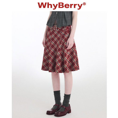 WhyBerry中长款A字复古格纹半裙