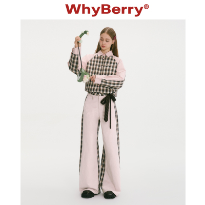 WhyBerry 25AW“拼接轨迹”时尚格纹拼接直筒裤100%棉双腰头长裤