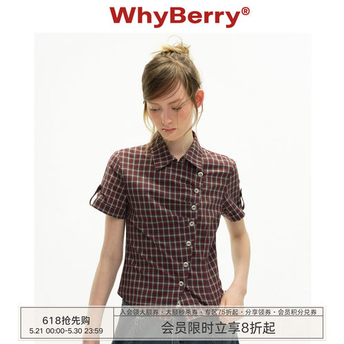 WhyBerry 26SS“限时夏恋”斜门襟格纹短袖衬衫女夏修身显瘦上衣