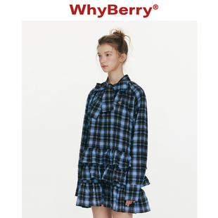 WhyBerry 暮色蔷薇 蓝色格纹绑带连衣裙荷叶边长袖 短裙女 26SS
