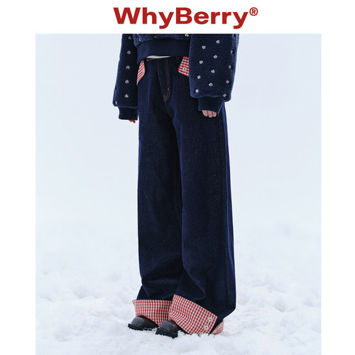WhyBerry红格纹宽松牛仔裤