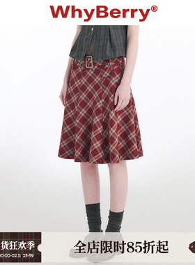 WhyBerry 24AW“反叛甜心”暗红色格纹半身裙A字中长款复古学院风