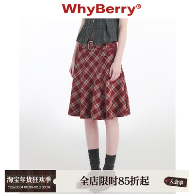 WhyBerry中长款A字复古格纹半裙