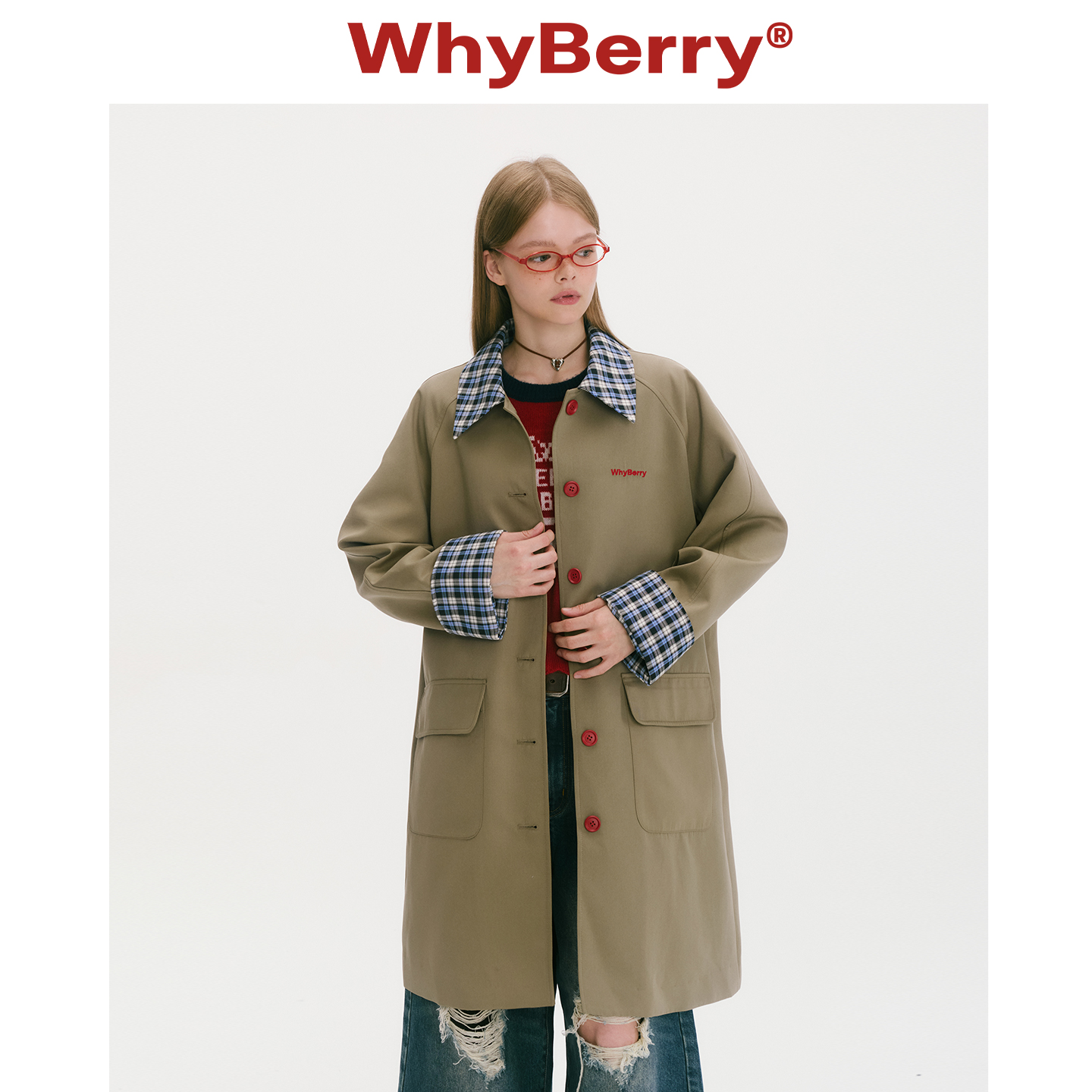 WhyBerry 25AW“柏林假日”复古英伦格纹长外套撞色风衣秋冬大衣