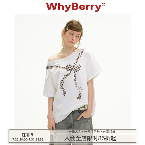 WhyBerry 26SS“少女丝带”斜肩蝴蝶结印花T恤露肩设计感短袖上衣