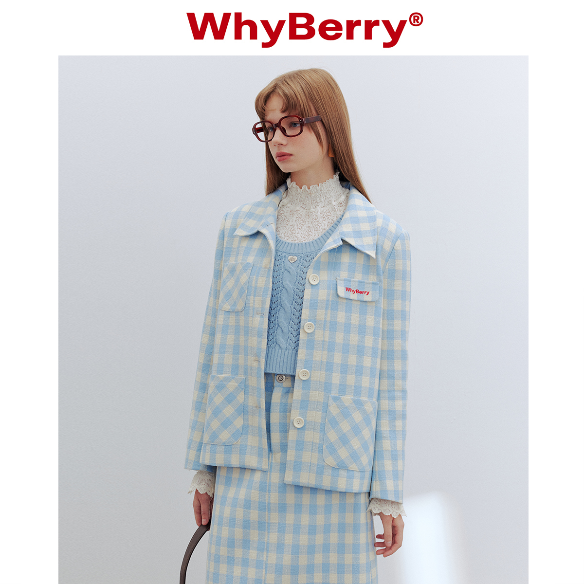 WhyBerry 24SS“海盐气泡”蓝白格子短外套垫肩直筒夹克套装早春