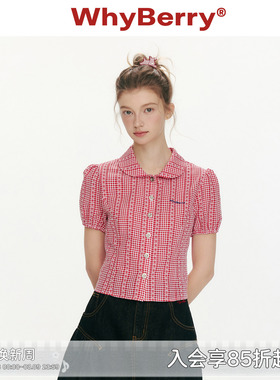 WhyBerry 26SS“花物语”红色格子娃娃领短袖衬衫百搭上衣女春夏