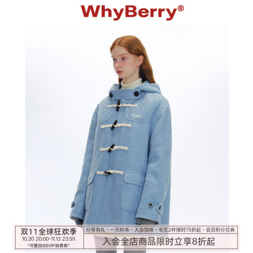WhyBerry 24AW“泡芙学院”蓝色牛角扣大衣秋冬复古加厚毛呢外套