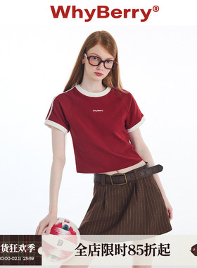 WhyBerry 24SS“学院夏日”美式复古T恤撞色短袖插肩袖红色上衣女