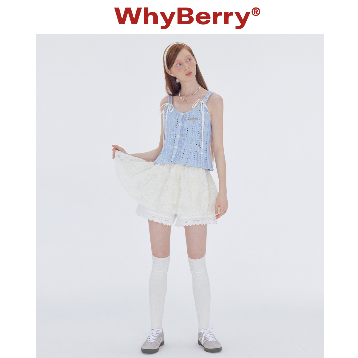 WhyBerry 24SS“珍珠少女”蝴蝶结吊带针织上衣短款