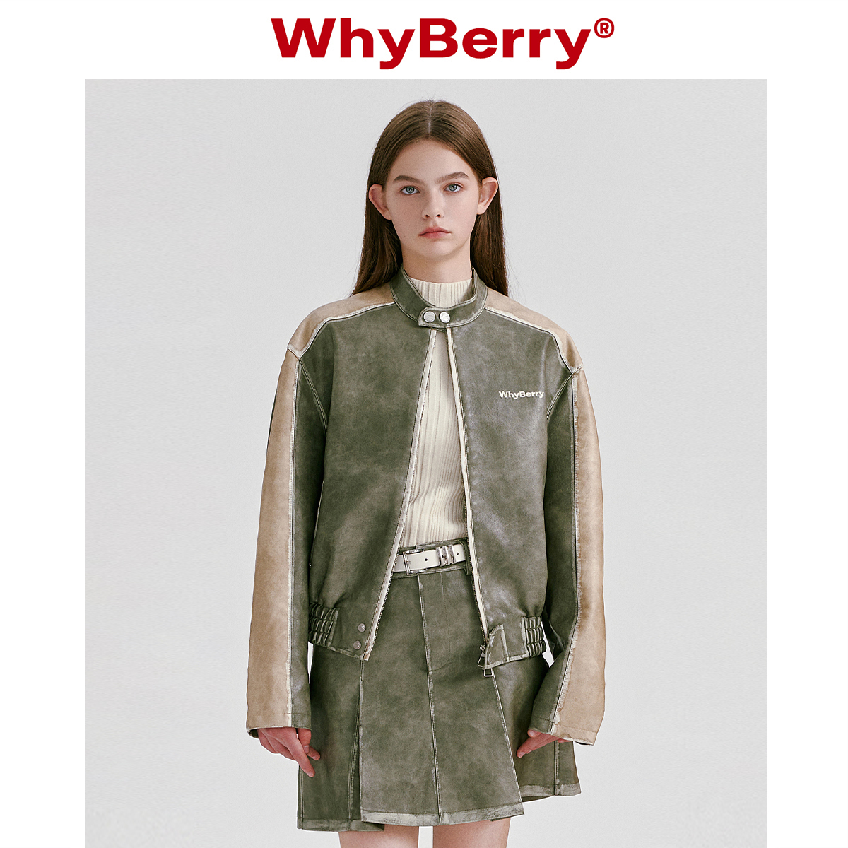 WhyBerry 23AW“末日胶片”复古怀旧美式皮衣撞色短外套拼接上衣