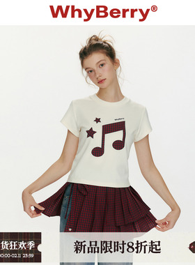 WhyBerry 26SS“草莓乐章”音符印花短袖上衣女艺术感短款正肩t恤