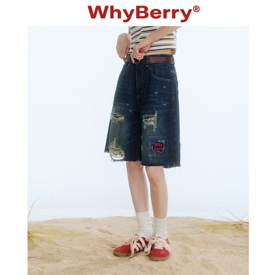 WhyBerry 25SS“破碎轨迹”破洞水洗色牛仔短裤宽松复古做旧中裤