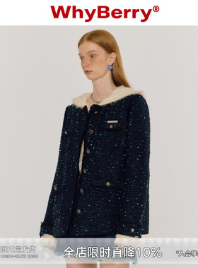 WhyBerry 23AW“夜空星辰”小香风圆领棉服星空外套小众黑色垫肩